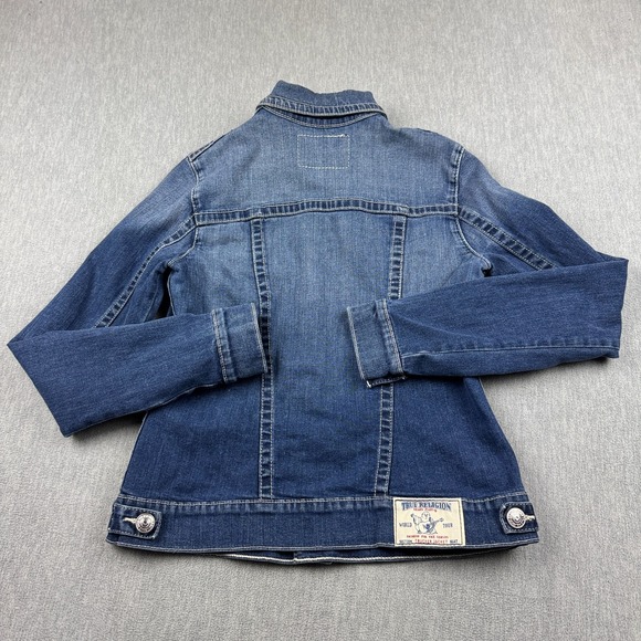 True Religion Trucker Jacket Womens Medium Blue Denim Jeans Super T Dark Wash - Picture 9 of 10